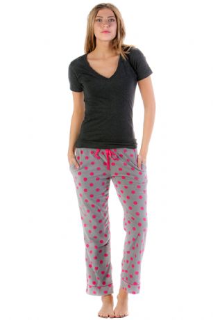 Bottoms Out Womens Short Sleeve Knit Top with Fleece Pants Pajama Set - Grey/Charcoal - This Bottoms Out Short Sleeve Top with Micro Fleece Pants Pajama Set is made out of a comfortable cozy fabric that feels soft against the skin. Pajama Set includes Solid V-neck t-shirt with matching printed micro fleece pants featuring side seam pockets, approx. 28" inseam length, contrast color drawstring bow tie closure with elastic waist for easier pull on and added comfort. This PJs Set is perfect for sleeping or lounging around.