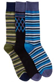 Casual Nights Men's 3 Pack Dress Crew Socks - Blue Striped Assorted