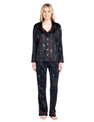 Ashford & Brooks Women's Minky Micro Fleece Button Up Pajama Set - Black/Wine
