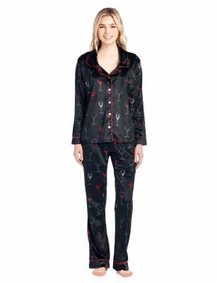 Ashford & Brooks Women's Minky Micro Fleece Button Up Pajama Set - Black/Wine - This Ashford & Brooks Women's Luxurious Long Sleeve Pajama Set is made out of durable ultra-soft 100% Polyester mink fleece fabric. It'll keep you cozy, warm, and comfortable during the cold winter days yet stylish at the same time. Pj's features; Notch collar Sleep Shirt with full button down closure, long sleeves, approx. 25.5" from shoulder to hem, chest slip pocket, printed patterns with contrast color piping. Pajama pants with elasticized waist for easy pull on and added comfort, side seam pockets, approx. 30" inseam 11" rise, contrast color trim and drawstring bow tie closure. This Two piece comfort sleepwear PJ set offers a roomy relaxed fit perfect for sleeping or lounging around. Soft to touch feels great against skin, you will not want to get them off! Comes in Beautifully Gift Wrapped packaging.