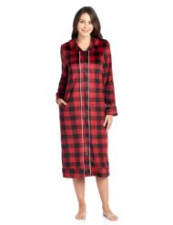 Ashford & Brooks Women's Long Zip Up Mink Fleece Lounger Robe - Red Buffalo Check