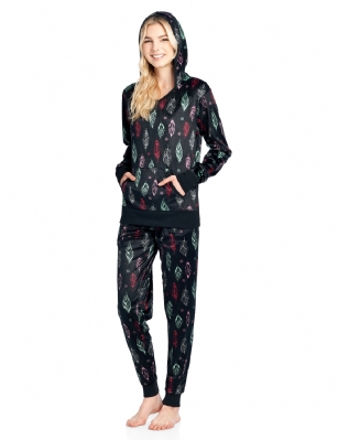 Ashford & Brooks Women's Mink Fleece Hoodie Pajama Set - Black Tuquoise Feather - This Ashford & Brooks Women's Luxurious Long Sleeve Pajama Set is made out of durable ultra-soft 100% Polyester mink fleece fabric. It'll keep you cozy, warm, and comfortable during the cold winter days yet stylish at the same time. Pj's features; hooded night top, pull over closure, long sleeves, front kangaroo pocket, fun flirty printed patterns with contrast color knitted trim. Pajama pants with elasticized spandex waist for easy pull on and added comfort, side seam pockets, approx. 30" inseam 11" rise, contrast color trim and drawstring bow tie closure. This Two piece comfort sleepwear PJ set offers a roomy relaxed fit perfect for sleeping or lounging around. Soft to touch feels great against skin, you will not want to get them off! Comes in Beautifully Gift Wrapped packaging. Get if on birthday, Christmas holiday for a friend, daughter, girlfriend, wife or someone you love.
