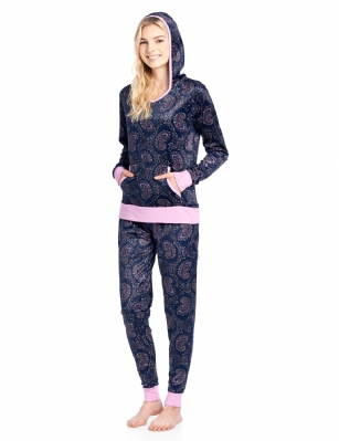 Ashford & Brooks Women's Mink Fleece Hoodie Pajama Set - Pink Navy Paisley - This Ashford & Brooks Women's Luxurious Long Sleeve Pajama Set is made out of durable ultra-soft 100% Polyester mink fleece fabric. It'll keep you cozy, warm, and comfortable during the cold winter days yet stylish at the same time. Pj's features; hooded night top, pull over closure, long sleeves, front kangaroo pocket, fun flirty printed patterns with contrast color knitted trim. Pajama pants with elasticized spandex waist for easy pull on and added comfort, side seam pockets, approx. 30" inseam 11" rise, contrast color trim and drawstring bow tie closure. This Two piece comfort sleepwear PJ set offers a roomy relaxed fit perfect for sleeping or lounging around. Soft to touch feels great against skin, you will not want to get them off! Comes in Beautifully Gift Wrapped packaging. Get if on birthday, Christmas holiday for a friend, daughter, girlfriend, wife or someone you love.