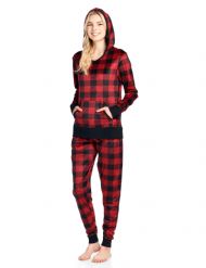 Ashford & Brooks Women's Mink Fleece Hoodie Pajama Set - Red Buffalo Check
