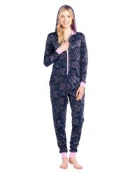 Ashford & Brooks Women's Fleece Hooded One Piece Pajama Jumpsuit - Pink Navy Paisley