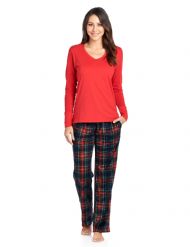Ashford & Brooks Women's Long Sleeve Cotton Top Fleece Pants Pajama Set - Black Stewart