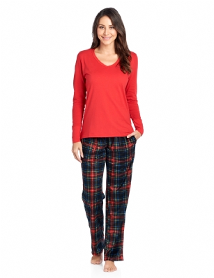 Ashford & Brooks Women's Long Sleeve Cotton Top Fleece Pants Pajama Set - Black Stewart - This Ashford & Brooks Women's Luxurious Long Sleeve 100% Cotton V- Neck Top and Minky Microfleece pant Two Piece Pajama Set, is made of durable ultra-soft fabric that will keep you cozy warm and comfortable during the cold winter days and yet stylish at the same time. Pajama Set includes solid color V-neck t-shirt, Matching Premium printed micro mink fleece Sleep pants featuring side seam pockets, approx. 30" inseam length, Elastic waist with contrast color Chiffon drawstring bow tie closure for easier pull on and added comfort. The PJs set offers a roomy relaxed fit perfect for sleeping or lounging around. Soft to touch feels great against skin, you will not want to get them off! Comes in Gift wrapped packaging. Making it a great gift present for Birthdays, Holidays, Christmas, or any special occasion for your Mother, wife, girlfriend or any special women in your life. 