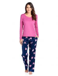Ashford & Brooks Women's Long Sleeve Cotton Top Fleece Pants Pajama Set - Navy Pink Flamingo