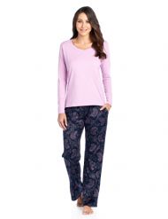 Ashford & Brooks Women's Long Sleeve Cotton Top Fleece Pants Pajama Set - Pink Navy Paisley