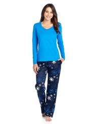 Ashford & Brooks Women's Long Sleeve Cotton Top Fleece Pants Pajama Set - Navy Frozen Snowflake