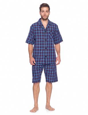 Ashford & Brooks Mens Woven Short Sleeve Pajama Shorts Set  - Blue/Burgundy - Hey guys, are you looking for stylish, comfortable pair of pajamas that you can lounge around in and wear to bed? Have you purchased mens clothing online before but were disappointed in the quality or fit and found that the images did not accurately portray the style? These sleeping pants and matching button-down PJ top are ideal for men that want to lounge and sleep in total comfort and need an upgrade over their old, tacky sweatpants, gym shorts and sleepwear. This masculine sleepwear is an excellent gift idea for Christmas, Hanukkah, Birthdays, Anniversaries, Fathers Day, Valentines Day, and more! Product Features: Made from a luxurious, shrink-resistant 60% cotton/40% polyester blend Yard-dyed CVC fabric will hold its color and shape for years Soft, comfortable, moisture-wicking fabric suitable for all the seasons Perfect roomy fit - not too baggy or too tight, it fits just right V-neck notch collar with full button-down closure Buttons will stay buttoned and attached unlike cheaper brands Chest pocket and shorts pockets to hold a cellphone and other essentials Always accurate sizing and unparalleled quality Matching Womens Collection so you can match with your significant other The fashionable cotton pajamas and shirt are the perfect fit, not too tight or baggy. Theyre available in a variety of sleek designs and sizes (ranging from Small to XX-Large). Theres sure to be one for every man. Getting to Know Ashford & Brooks! Ashford & Brooks prides itself on creating fashionable, high-quality sleepwear and loungewear for women, men, and kids. Their dedicated in-house team of designers creates clothes and accessories that are trendy and ultra-comfy. Theyre breaking the mold when it comes to functional sleepwear and loungewear.