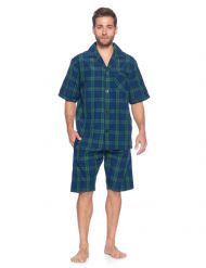 Ashford & Brooks Mens Woven Short Sleeve Pajama Shorts Set  - Green Blackwatch