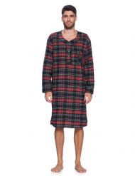 Ashford & Brooks Mens Flannel Plaid Long Sleep Shirt Henley Nightshirt - Black Stewart