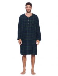 Ashford & Brooks Mens Flannel Plaid Long Sleep Shirt Henley Nightshirt - Blackwatch Plaid