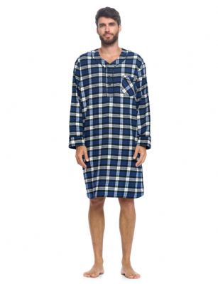 Ashford & Brooks Mens Flannel Plaid Long Sleep Shirt Henley Nightshirt - Black Navy Plaid - This Ashford & Brooks Luxurious Cozy Long Sleeve Classic Flannel Long nightgown sleepshirt for men is made from durable ultra-soft 55% Cotton /45% Polyester fabric. The Fabric blend is designed to give you that soft and warm touch that feels great against skin, at the same time prevent excessive shrinkage unlike the 100% Cotton Flannel fabric. It'll keep you warm and comfortable during the cold winter days yet stylish at the same time. Designed with a roomy relaxed fit making it very easy to put on and take off. This mens flannel kaftan Gown features; Long Sleeve V Neck Collar Sleep Shirt with 3 button-down closure, 1 chest slip pocket, Plaid patterns with piping. approx. 46" Shoulder to hem. This mens comfort sleepwear Gown is perfect for sleeping and lounging around the House, or as a hospital gown and for surgery recovery. Makes a great gift present for dad, husband, brother for Holiday, Christmas, Birthday or for any occasion. 