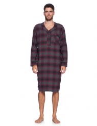 Ashford & Brooks Mens Flannel Plaid Long Sleep Shirt Henley Nightshirt - Grey Burgundy Plaid