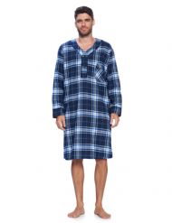 Ashford & Brooks Mens Flannel Plaid Long Sleep Shirt Henley Nightshirt - Navy White Blue Plaid