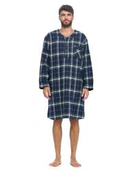 Ashford & Brooks Mens Flannel Plaid Long Sleep Shirt Henley Nightshirt - Navy White Green Plaid