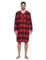 Ashford & Brooks Mens Flannel Plaid Long Sleep Shirt Henley Nightshirt - Red Black Tartan