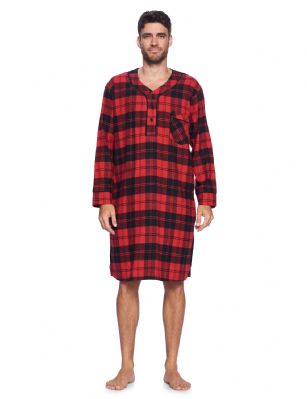 Ashford & Brooks Mens Flannel Plaid Long Sleep Shirt Henley Nightshirt - Red Black Tartan - This Ashford & Brooks Luxurious Cozy Long Sleeve Classic Flannel Long nightgown sleepshirt for men is made from durable ultra-soft 55% Cotton /45% Polyester fabric. The Fabric blend is designed to give you that soft and warm touch that feels great against skin, at the same time prevent excessive shrinkage unlike the 100% Cotton Flannel fabric. It'll keep you warm and comfortable during the cold winter days yet stylish at the same time. Designed with a roomy relaxed fit making it very easy to put on and take off. This mens flannel kaftan Gown features; Long Sleeve V Neck Collar Sleep Shirt with 3 button-down closure, 1 chest slip pocket, Plaid patterns with piping. approx. 46" Shoulder to hem. This mens comfort sleepwear Gown is perfect for sleeping and lounging around the House, or as a hospital gown and for surgery recovery. Makes a great gift present for dad, husband, brother for Holiday, Christmas, Birthday or for any occasion. 