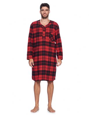 Ashford & Brooks Mens Flannel Plaid Long Sleep Shirt Henley Nightshirt ...