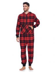 Ashford & Brooks Mens Flannel Hooded One Piece Pajama Union Jumpsuit - Red Black Tartan