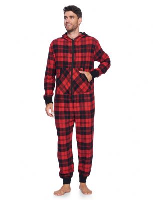 Ashford & Brooks Mens Flannel Hooded One Piece Pajama Union Jumpsuit - Red Black Tartan - This Ashford & Brooks mens Luxurious Mens Long Sleeve zip up One Piece hooded Union Suit Pajama is made from durable ultra-soft 55% Cotton /45% Polyester fabric. Designed with a roomy relaxed fit. The Fabric blend is designed to give you that Super soft and warm feel to the touch, at the same time prevent excessive shrinkage unlike the 100% Cotton Flannel fabric. This One-piece pjs features; Easy front zipper closure, long sleeves with ribbed cuffs, attached hoody with Cotton lining, 2 Front kangaroo pockets, approx. 64" inch length, beautiful Plaid patterns, This Zip Up Union Suit Pajama Lounger is perfect for sleeping or lounging around the house. It'll keep you cozy, warm, and comfortable during the cold winter days, you will not want to get them off! A great holiday Gift for him or any other occasion, Comes in Beautifully Gift-Wrapped packaging. 