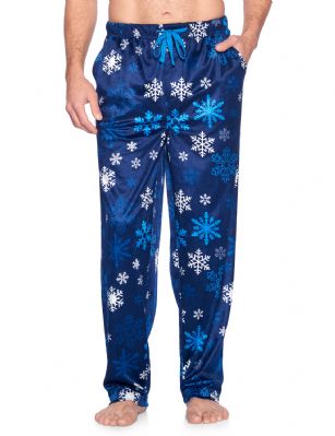 Ashford & Brooks Men's Mink Fleece Sleep Lounge Pajama Pants - Navy Frozen Snowflake - These Men's Classic Micro Mink Fleece Pajama Bottoms Sleepwear Pants from Ashford & Brooks is made from a lightweight soft premium 100% Polyester fabric. Exceptionally lightweight Designed to keep you Cozy and warm during the cold winter days, wear it as a layering piece, at home, lazy around the house or to sleep in comfort! Pj Pant features; Comfortable covered inner elastic waistband for a more custom fit with self-tie drawstring, two side seam pockets, concealed functional button fly, approx. 31" Inseam length. Loose and roomy fit to ensure maximum comfort and plenty of room to ease while lounging and sleeping, Fun cute prints and patterns, Get the perfect Nightwear Pjs Christmas holiday or birthday gift set for your fathers, husband, teen boys, or a friend you love, Check out our matching Women's collection