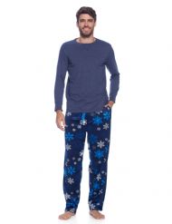 Ashford & Brooks Men's Jersey Knit Long-Sleeve Top and Mink Fleece Bottom Pajama Set - Navy Frozen Snowflake