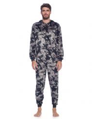 Ashford & Brooks Men's Adult Mink Fleece Hooded One-Piece Union Suit Pajamas - Black/Camouflage