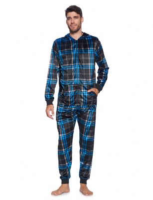 Ashford & Brooks Men's Adult Mink Fleece Hooded One-Piece Union Suit Pajamas - Blue/Black Plaid - This Ashford & Brooks mens Luxurious Long Sleeve zip up One Piece hooded Pajama Union Suit is made of durable ultra-soft poly micro minkfleece fabric. Designed with a roomy relaxed fit. The Fabric blend is designed to give you that Super soft and warm feel to the touch. This One-piece pjs features; Easy front zipper closure, long sleeves with ribbed cuffs, attached hoodie, open foot bottom and no back flap. 2 Front kangaroo pockets, approx. 64" inch length, Offred in beautiful printed plaids, camo, buffalo check patterns, This Zip Up Union Suit Pajama Lounger is perfect for sleeping or lounging around the house. It'll keep you cozy, warm, and comfortable during the cold winter days, you will not want to get them off! A great holiday Gift for him or any other occasion, Comes in Beautifully Gift-Wrapped ready packaging. 