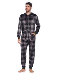 Ashford & Brooks Men's Adult Mink Fleece Hooded One-Piece Union Suit Pajamas - Charcoal Buffalo Check