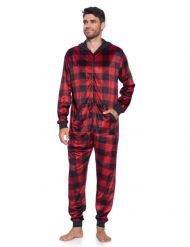 Ashford & Brooks Men's Adult Mink Fleece Hooded One-Piece Union Suit Pajamas - Red/Black Buffalo Check