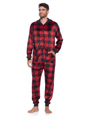 Ashford & Brooks Men's Adult Mink Fleece Hooded One-Piece Union Suit Pajamas - Red/Black Buffalo Check - This Ashford & Brooks mens Luxurious Long Sleeve zip up One Piece hooded Pajama Union Suit is made of durable ultra-soft poly micro minkfleece fabric. Designed with a roomy relaxed fit. The Fabric blend is designed to give you that Super soft and warm feel to the touch. This One-piece pjs features; Easy front zipper closure, long sleeves with ribbed cuffs, attached hoodie, open foot bottom and no back flap. 2 Front kangaroo pockets, approx. 64" inch length, Offred in beautiful printed plaids, camo, buffalo check patterns, This Zip Up Union Suit Pajama Lounger is perfect for sleeping or lounging around the house. It'll keep you cozy, warm, and comfortable during the cold winter days, you will not want to get them off! A great holiday Gift for him or any other occasion, Comes in Beautifully Gift-Wrapped ready packaging. 