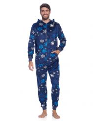 Ashford & Brooks Men's Adult Mink Fleece Hooded One-Piece Union Suit Pajamas - Navy Frozen Snowflake