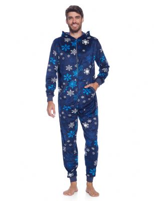 Ashford & Brooks Men's Adult Mink Fleece Hooded One-Piece Union Suit Pajamas - Navy Frozen Snowflake - This Ashford & Brooks mens Luxurious Long Sleeve zip up One Piece hooded Pajama Union Suit is made of durable ultra-soft poly micro minkfleece fabric. Designed with a roomy relaxed fit. The Fabric blend is designed to give you that Super soft and warm feel to the touch. This One-piece pjs features; Easy front zipper closure, long sleeves with ribbed cuffs, attached hoodie, open foot bottom and no back flap. 2 Front kangaroo pockets, approx. 64" inch length, Offred in beautiful printed plaids, camo, buffalo check patterns, This Zip Up Union Suit Pajama Lounger is perfect for sleeping or lounging around the house. It'll keep you cozy, warm, and comfortable during the cold winter days, you will not want to get them off! A great holiday Gift for him or any other occasion, Comes in Beautifully Gift-Wrapped ready packaging. 