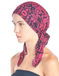 Ashford & Brooks  Women's Pretied Printed Fitted Headscarf Chemo Bandana - Fuchsia/Black