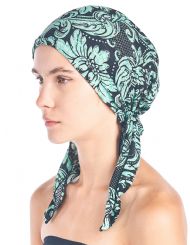 Ashford & Brooks  Women's Pretied Printed Fitted Headscarf Chemo Bandana - Black/Teal