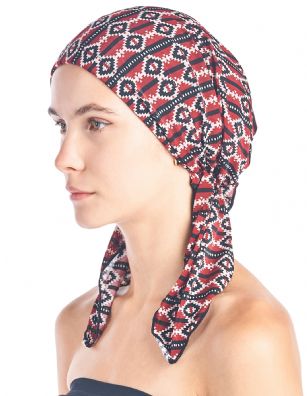 Ashford & Brooks  Women's Pretied Printed Fitted Headscarf Chemo Bandana - Bordeaux Aztec - Fashionable, beautiful and comfortable Pre-tied Fittted Bandana from Ashford & Brooks, No tying skills required- just slip it on and go. Unique printed design to fit your style, elastic back with inner black lining for secure fit. These headscarves are ideal for alopecia and chemotherapy cancer patients because they are easy to use, soft and provide full head coverage.