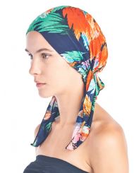 Ashford & Brooks  Women's Pretied Printed Fitted Headscarf Chemo Bandana - Navy/Coral Tropical Fronds
