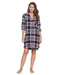 Ashford & Brooks Women's Flannel Plaid Sleep Shirt Button Down Nightgown - Black/Pink Plaid