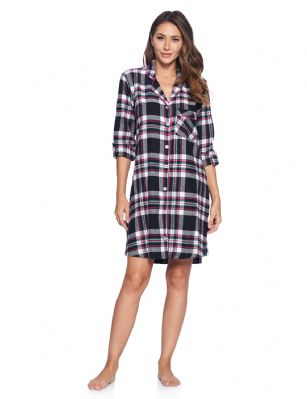 Ashford & Brooks Women's Flannel Plaid Sleep Shirt Button Down Nightgown - Black/Pink Plaid - This Ashford & Brooks Cozy Flannel Long Sleeve Classic Button-Down Boyfriend Pajama Sleep Shirt for Women is made from durable ultra-soft 55% Cotton /45% Polyester fabric. The Fabric blend is designed to give you that soft and warm touch that feels great against skin, at the same time prevent excessive shrinkage, Unlike the 100% Cotton Flannel fabric. The Short Sleep Top Nightgown will keep you warm and comfortable during the cold winter days yet stylish at the same time. Designed with a roomy relaxed fit making it very easy to put on and take off. This Woman flannel short Gown features; Long Sleeves, V Neck notch collar with full button-down closure, one chest slip pocket, classic Plaid patterns with piping details. Length is approx. 38" Shoulder to hem. This comfort sleepwear Gown is perfect for sleeping or lounging around the House in comfort and style. This classic PJ sleep top will make a great Holiday gift for mom, wife, girlfriend or any special women in your life, for Mothers Day, Christmas, Birthday or for any special occasion. She will sure love it!!!