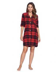 Ashford & Brooks Women's Flannel Plaid Sleep Shirt Button Down Nightgown - Red Black Tartan