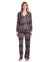 Ashford & Brooks Women's Minky Micro Fleece Button Up Pajama Set - Fair Isle Black