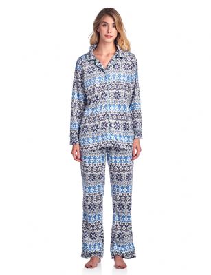 Ashford & Brooks Women's Minky Micro Fleece Button Up Pajama Set - Fair Isle Ivory - This Ashford & Brooks Women's Luxurious Long Sleeve Pajama Set is made out of durable ultra-soft 100% Polyester mink fleece fabric. It'll keep you cozy, warm, and comfortable during the cold winter days yet stylish at the same time. Pj's features; Notch collar Sleep Shirt with full button down closure, long sleeves, approx. 25.5" from shoulder to hem, chest slip pocket, printed patterns with contrast color piping. Pajama pants with elasticized waist for easy pull on and added comfort, side seam pockets, approx. 30" inseam 11" rise, contrast color trim and drawstring bow tie closure. This Two piece comfort sleepwear PJ set offers a roomy relaxed fit perfect for sleeping or lounging around. Soft to touch feels great against skin, you will not want to get them off! Comes in Beautifully Gift Wrapped packaging.