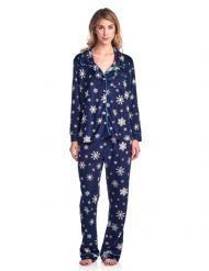 Ashford & Brooks Women's Minky Micro Fleece Button Up Pajama Set - Navy Snowflake