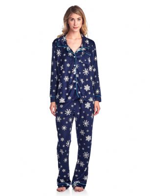 Ashford & Brooks Women's Minky Micro Fleece Button Up Pajama Set - Navy Snowflake - This Ashford & Brooks Women's Luxurious Long Sleeve Pajama Set is made out of durable ultra-soft 100% Polyester mink fleece fabric. It'll keep you cozy, warm, and comfortable during the cold winter days yet stylish at the same time. Pj's features; Notch collar Sleep Shirt with full button down closure, long sleeves, approx. 25.5" from shoulder to hem, chest slip pocket, printed patterns with contrast color piping. Pajama pants with elasticized waist for easy pull on and added comfort, side seam pockets, approx. 30" inseam 11" rise, contrast color trim and drawstring bow tie closure. This Two piece comfort sleepwear PJ set offers a roomy relaxed fit perfect for sleeping or lounging around. Soft to touch feels great against skin, you will not want to get them off! Comes in Beautifully Gift Wrapped packaging.