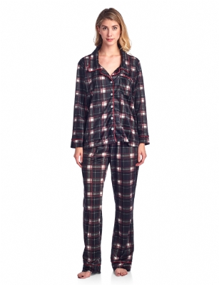 Ashford & Brooks Women's Minky Micro Fleece Button Up Pajama Set - Black White Plaid - This Ashford & Brooks Women's Luxurious Long Sleeve Pajama Set is made out of durable ultra-soft 100% Polyester mink fleece fabric. It'll keep you cozy, warm, and comfortable during the cold winter days yet stylish at the same time. Pj's features; Notch collar Sleep Shirt with full button down closure, long sleeves, approx. 25.5" from shoulder to hem, chest slip pocket, printed patterns with contrast color piping. Pajama pants with elasticized waist for easy pull on and added comfort, side seam pockets, approx. 30" inseam 11" rise, contrast color trim and drawstring bow tie closure. This Two piece comfort sleepwear PJ set offers a roomy relaxed fit perfect for sleeping or lounging around. Soft to touch feels great against skin, you will not want to get them off! Comes in Beautifully Gift Wrapped packaging.
