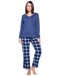 Ashford & Brooks Womens Cotton Long-Sleeve Top Flannel Pants Pajama Sleepwear Set - Black Navy Plaid
