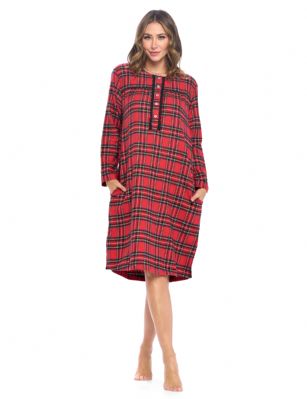 Ashford & Brooks Women's Flannel Plaid Long Sleeve Nightgown - Red Stewart - Snuggle up in this Ashford & Brooks Elegant Long Sleeve Vintage Classic Flannel Long Button-Down Nightgown Sleep Dress for Women is made from durable ultra-soft 55% Cotton /45% Polyester fabric, designed with a roomy relaxed fit making it very easy to put on and take off. The flannel Modest Night dress features; Classic Plaids patterns, pullover Sleep Shirt with easy 5 button-down closure, Long Sleeves with cuffs to keep you warm, a Round Neckline with Fancy Lace trim details, large side seam hand pockets, pleated top with Contrast piping gives this the classic finish, Ankle length Measures approx. 50" - 53" inches from shoulder to hem. The Luxurious Flannel Fabric blend is designed to give you that soft and warm touch that feels great against skin, at the same time our cotton blend will prevent excessive shrinkage unlike the 100% Cotton Flannel fabric. It'll keep you warm and comfortable during the cold winter days yet stylish at the same time. This womens comfort sleepwear Sleep Gown is perfect for sleeping, lounging around the House, or as a hospital gown and for surgery recovery. Makes a great gift present for Holiday, Christmas, Birthday or any other special occasion. 